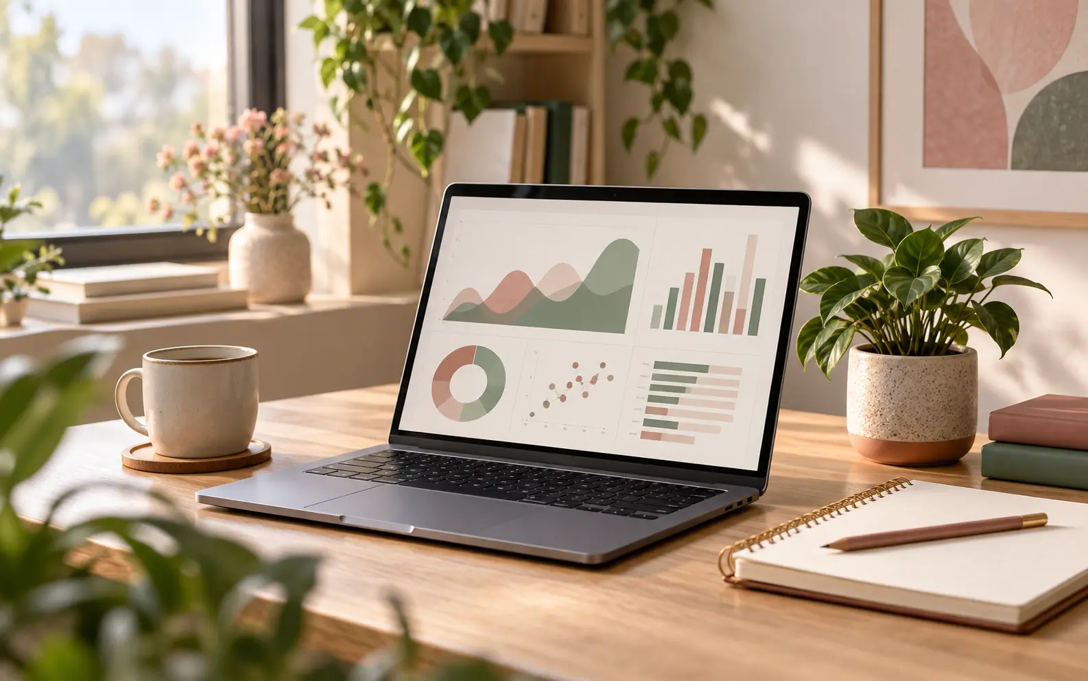 A laptop displaying data visualisations beside an analysis notebook