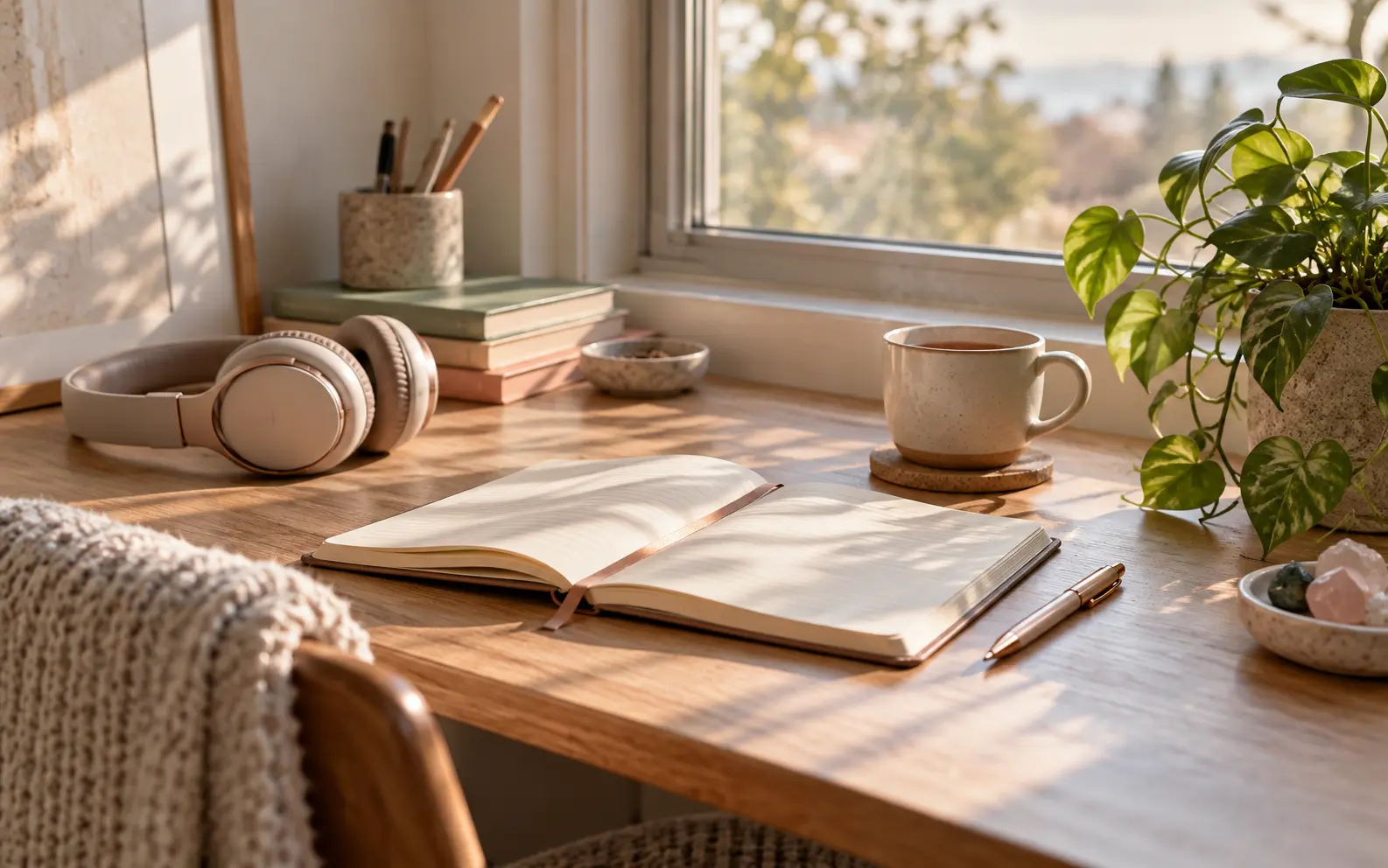 A quiet focus workspace with a journal, headphones and natural light